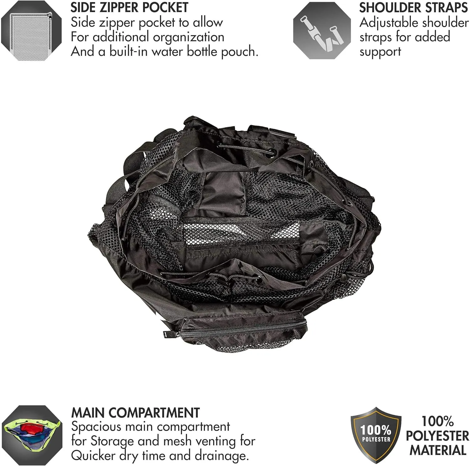 TYR Big Mesh Mummy Backpack for Swim, Gym and Workout Gear, Black, 40-Liter Capacity
