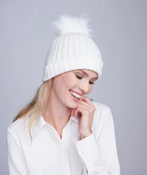 Winter White Rib Knit Hat with Faux Fur Pom Pom