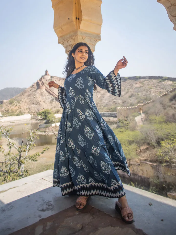 Women'S Blue Long Cotton Anarkali