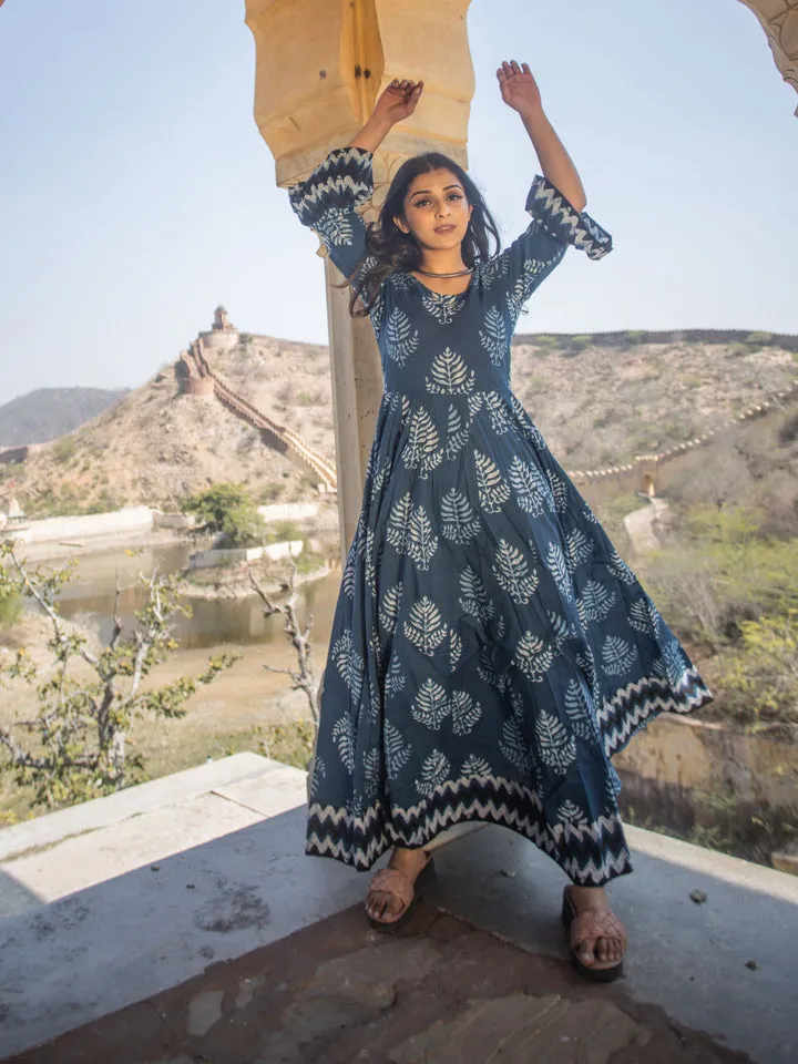 Women'S Blue Long Cotton Anarkali