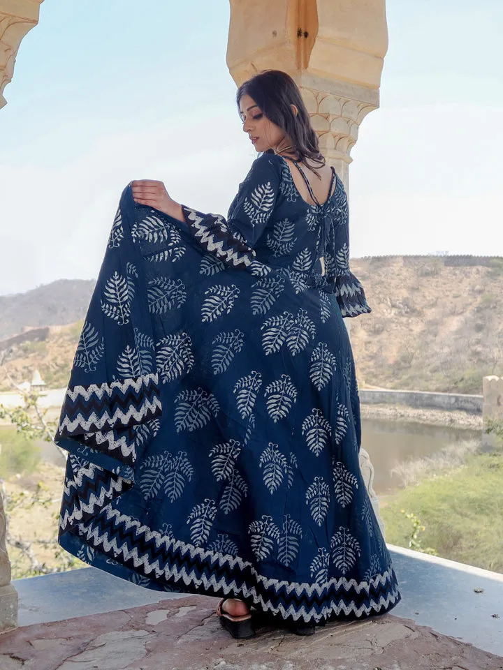 Women'S Blue Long Cotton Anarkali
