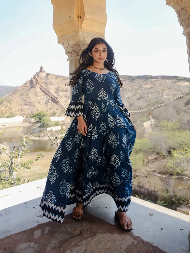 Women'S Blue Long Cotton Anarkali