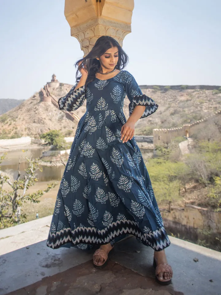 Women'S Blue Long Cotton Anarkali